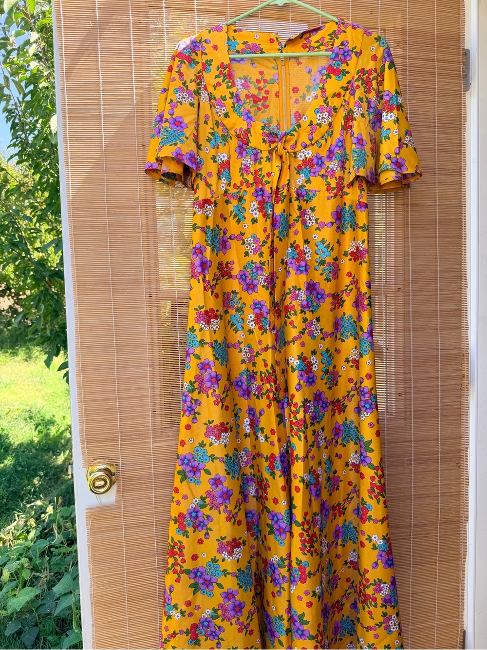 Vintage Yellow Floral Tie-Front Maxi Dress